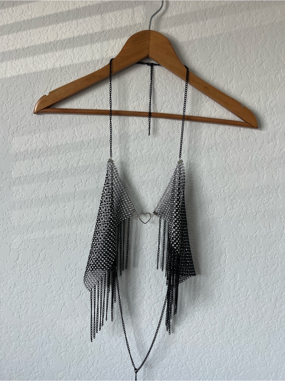 Heart-Accent Black/Silver Fringe Body Chain Halter Top